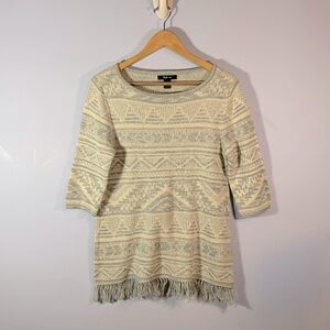 Style & Co blue white Aztec fringe 3/4 sleeve sweater NWT Size medium cotton
